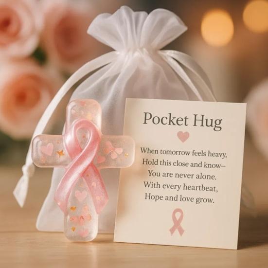 Pink Pocket Hug Token Breast Cancer Awareness Keepsake Transparent Prayer Token with Pink Ribbon Emotional Support Gift for Loved Ones