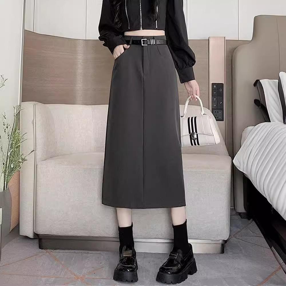 Women's 2024 High-Waist Black A-Line Split Skirt: Elegant, Versatile for Spring & Autumn