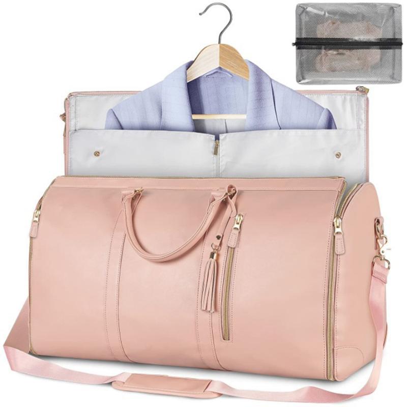 Pink PU Leather Storage Bag, Foldable Storage Clothing Luggage Bag, Women's Shoulder Bag, Diagonal Cross Bag