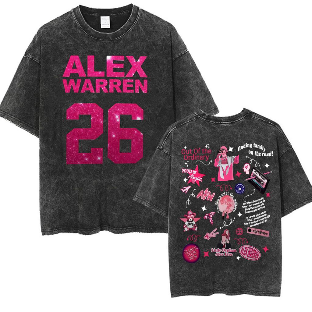 Alex Warren Moon Kunstwerk Musiktour 2026 Vintage Washed T-Shirt Herren Damen Mode Punk Hip Hop T-Shirts Sommer Oberteile Lockeres T-Shirt