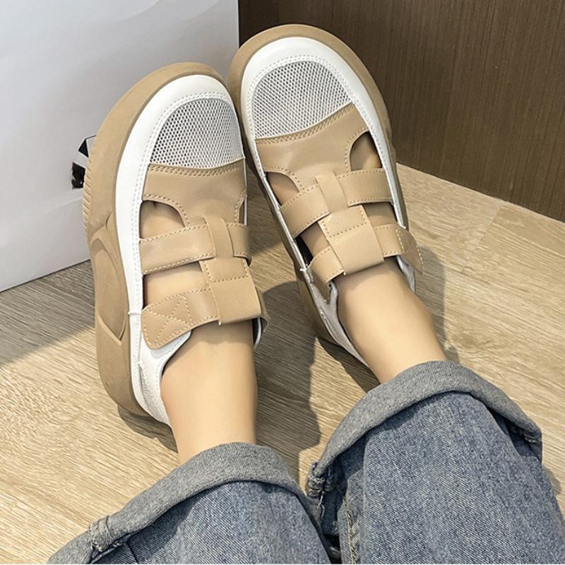 Hollow Out Summer Women's Shoes Middle Heel Waterproof Platform Sandals White Leather Thick Heels Soft Soles Half Drag Indoor