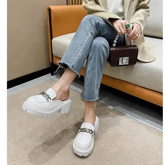 Fashion Women's Elevated Platform House Slippers Female Slides Shoes Square heel Mules Fashion Loafers Med Cover Toe Heels Luxury Fabric