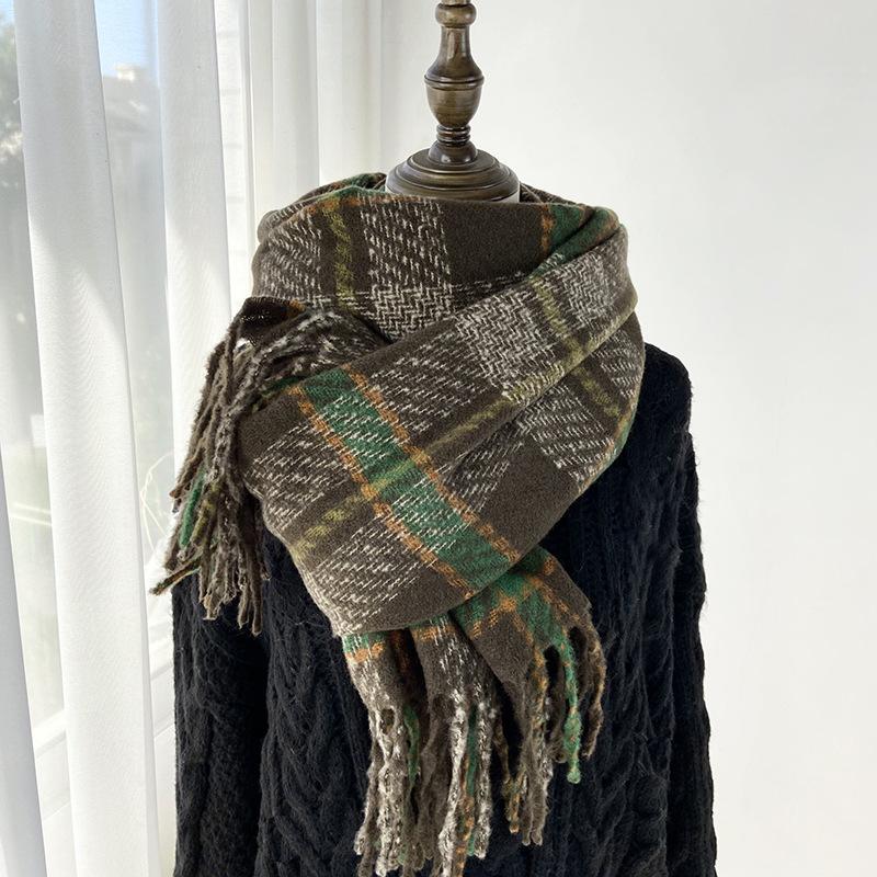 Plaid Scarf Women's Autumn and Winter New Retro Shawl Imitation Cashmere Warm Fringed Scarf