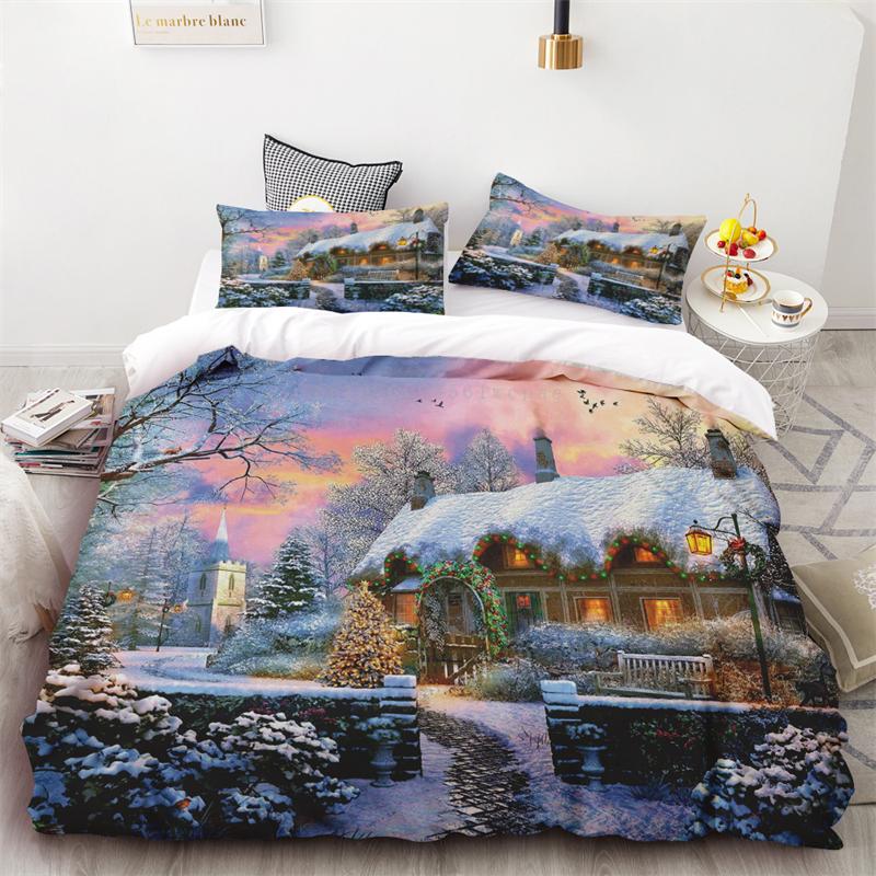 New Style Duvet Cover Christmas Snowman Flower Three-piece Set One Quilt Cover Two Pillowcases Single Double Bed Queen King
