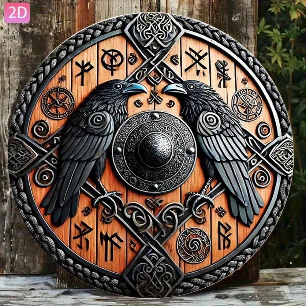 Металлическое настенное искусство Викинги Щит 8 дюймов Норвежский Кельтский Узел Ворон Домашний Декор 20x20 разноцветный