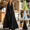 Sommer-Maxikleid für Damen, lässig, ärmellos, Neckholder, V-Ausschnitt, Revers, langes Kleid, Strandurlaub, fließendes Sommerkleid mit Taschen