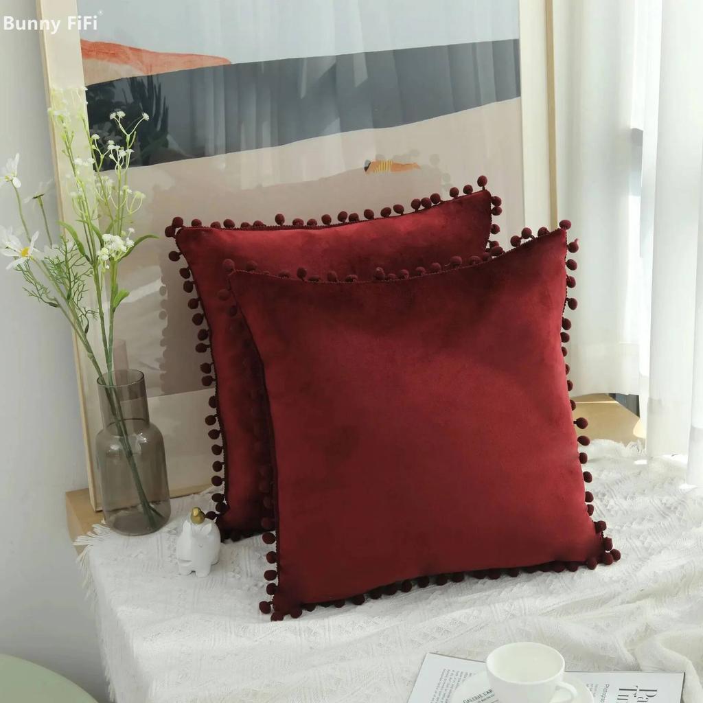 Velvet Pillow Cover with Ball Lace, Soft Cushion Cover, Monochrome, Modern and Simple, Fur Ball, 30x50, 40x40, 50x50, 65x65cm