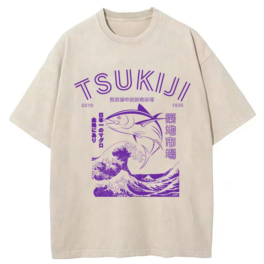 Funny Fish Japanese Tsukiji Market Vintage Washed T Shirts Unisex Women Summer Fashion Cotton Short Sleeve Tshirt Streetwear