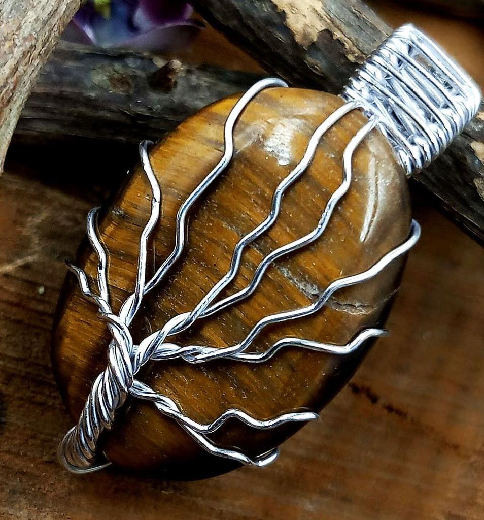 Tiger Eye Gemstone håndlaget kobbertråd Wrap Tree of Life anheng smykker