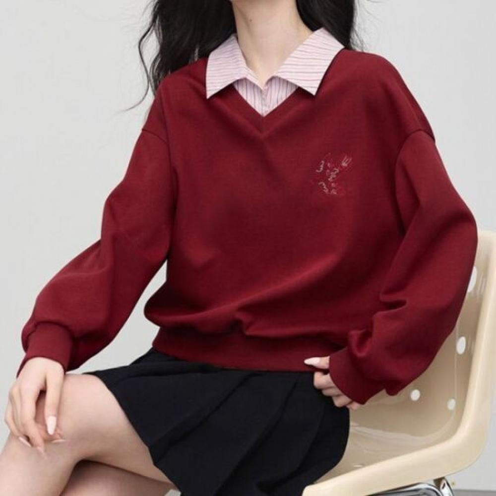 Navava Casual Embroidery Stripe Collar Long Sleeve Sweatshirt Nt3279