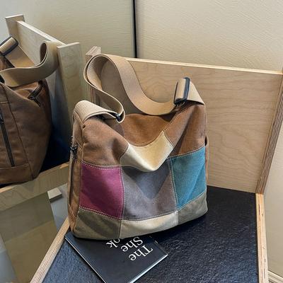 Canvas Splicing Women's Bag New Fashion Simple Retro Women's Shoulder Bag Casual Large Capacity Travel Messenger Bag