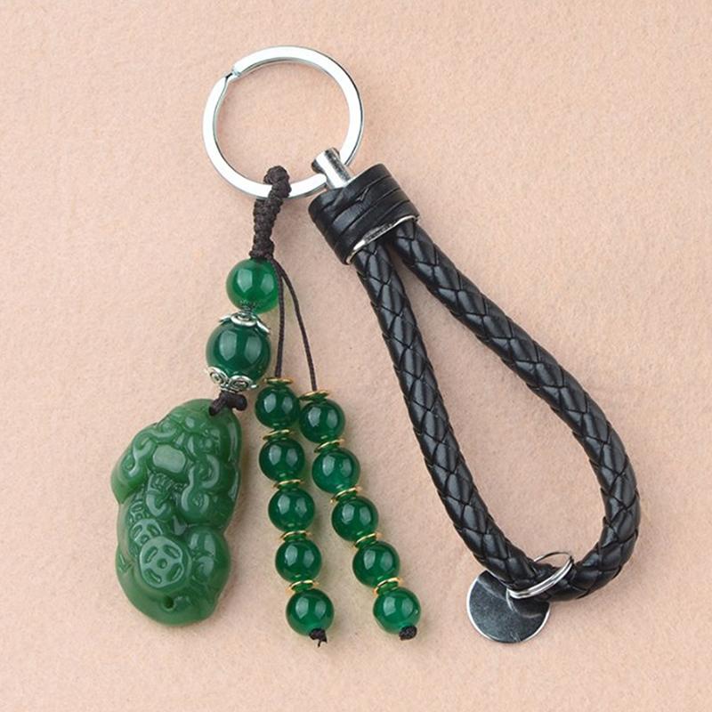 

Natural Stone Luckly Pixiu Pendants Leather Car Keychain Carved Jade Keychains