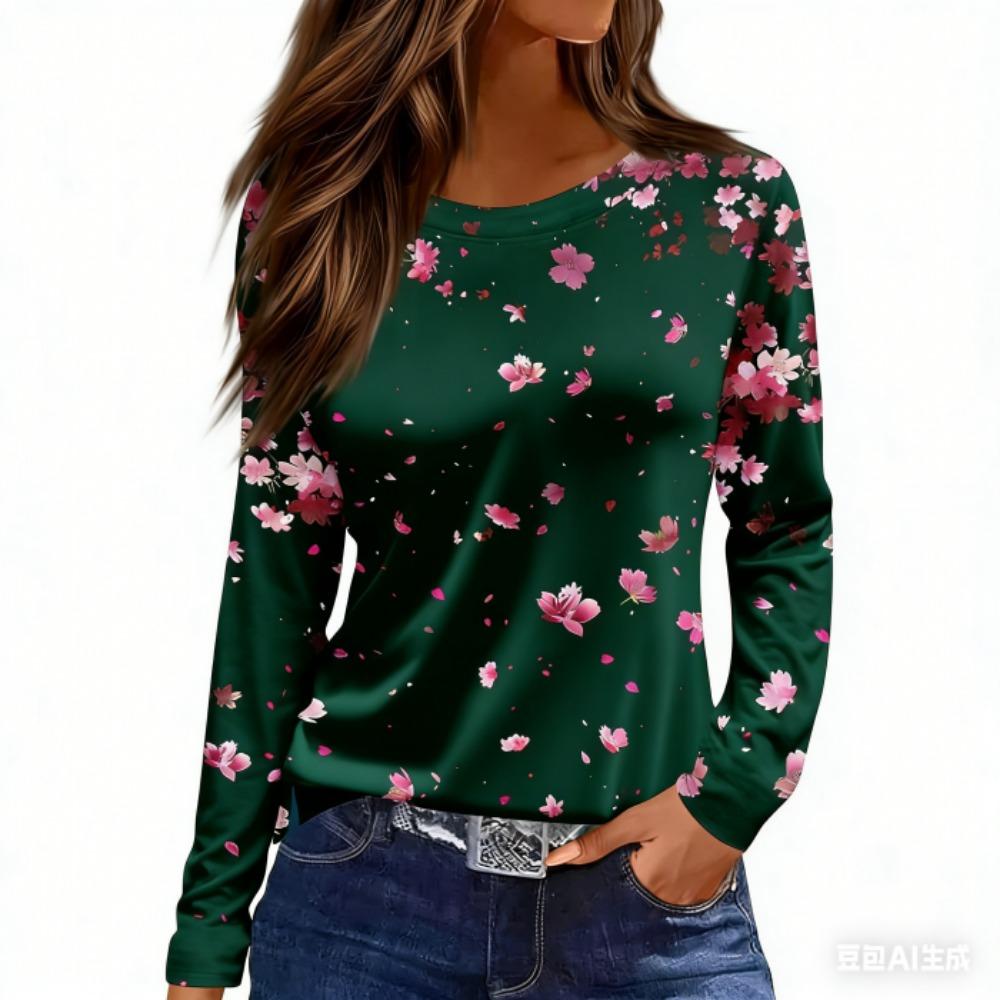 Spring Floral Print Women's T-shirt Casual Round Neck Retro Elegant Long Sleeves Women's Fashion Pullover Long Sleeve T-shirt Top