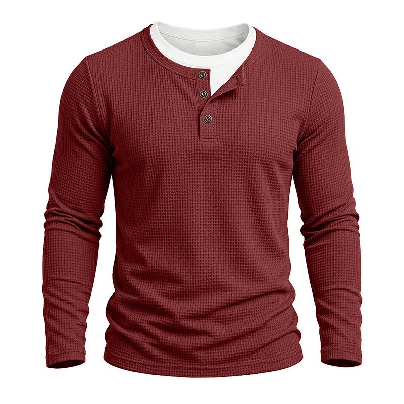 Herbst Winter Herren Fake Two-Piece Langarm Henley T-Shirt Waffel Casual Basisschicht T-Shirts Amerikanischer Stil Oberteile