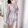 New pure desire wind lace suspender nightdress three-piece summer ice silk loungewear set sexy pajamas for women