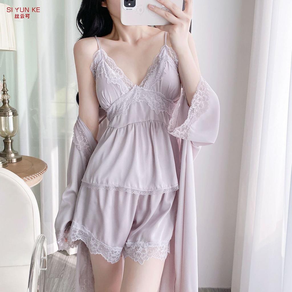 New pure desire wind lace suspender nightdress three-piece summer ice silk loungewear set sexy pajamas for women