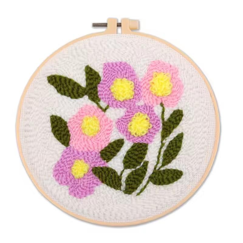 CHENISTORY DIY Punch Needle Kit Bee Butterfly White Flowers 20x20cm With Embroidery Hoop for Beginner Craft Kit Home Wall Decor