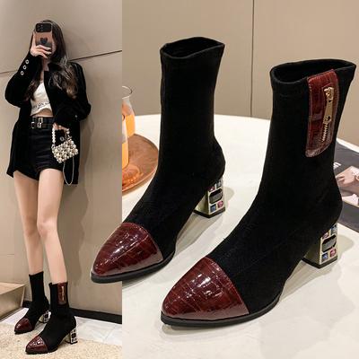 Boots Socks Heels Women Shoes Autumn Crystal Boots-Women Stockings Rhinestone Ankle 2024 Ladies High Heel Boots