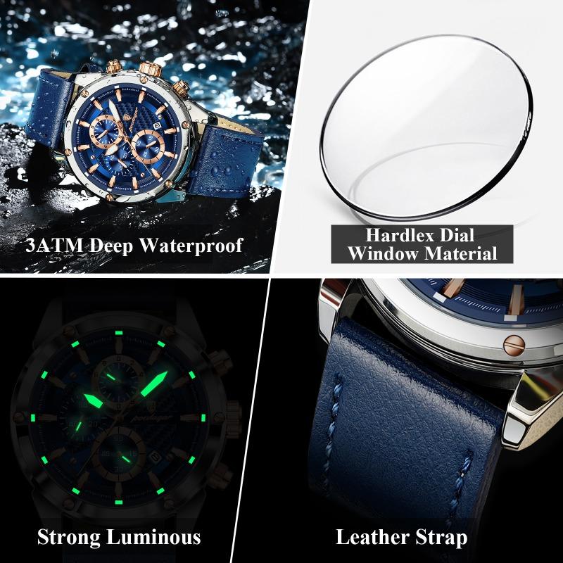 POEDAGAR Business Man Watch Waterproof Luminous Chronograph Date Original Watches for Men Leather Luxury Quartz Wristwatch