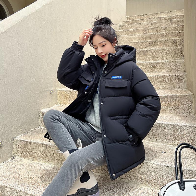 

Хлопковая одежда с капюшоном на кулиске на талии, женское пальто средней длины, зимнее утолщенное женское XL чёрный