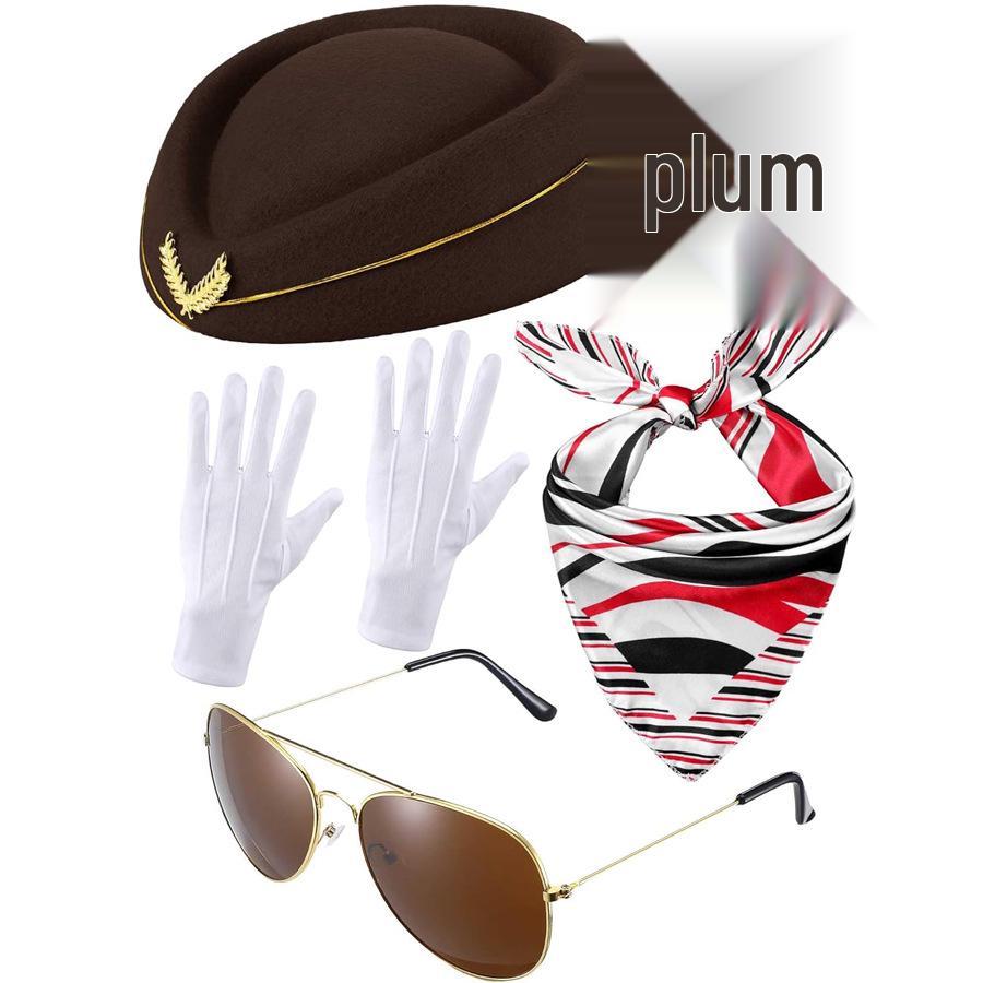 Cosplay Kostüm: Halloween Flugbegleiterin mit Brille, Hut, Handschuhen und Schal