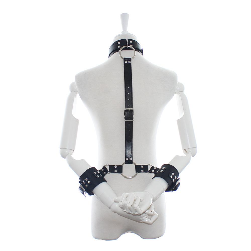 BDSM PU Leather Neck To Wrist Restraint Set Back Bind Bondage Harness Choker Collar with Handcuffs Slave Role Play Adult Sex Toy
