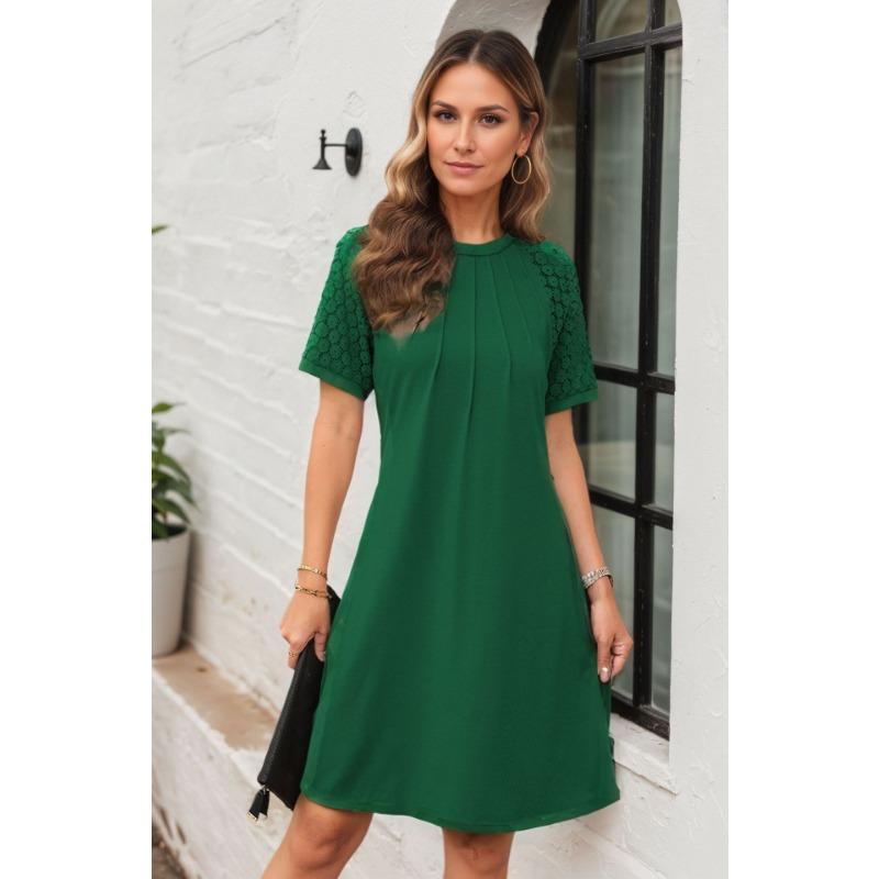Spring and Summer Solid-color Hollow Lace Short-sleeved Round-neck Pleated Dress