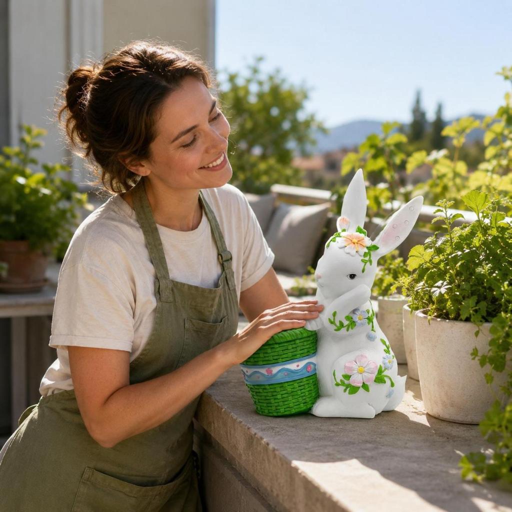 Hare Flowerpot Ornament Resin Planter Floral Details Basket