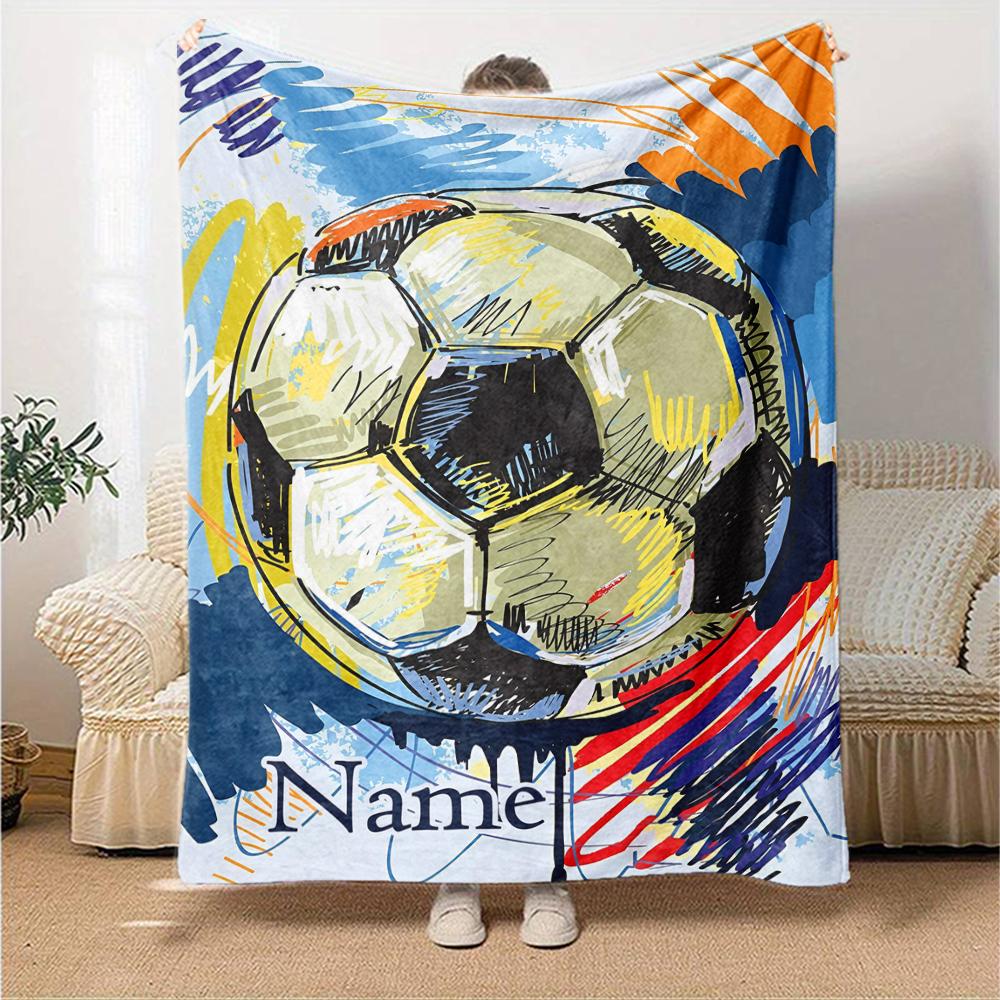 Custom Name Soccer Theme Printed Blanket - Perfect for Couch, Bed, Travel & Outdoor Use | Machine Washable, Cozy & Durable.