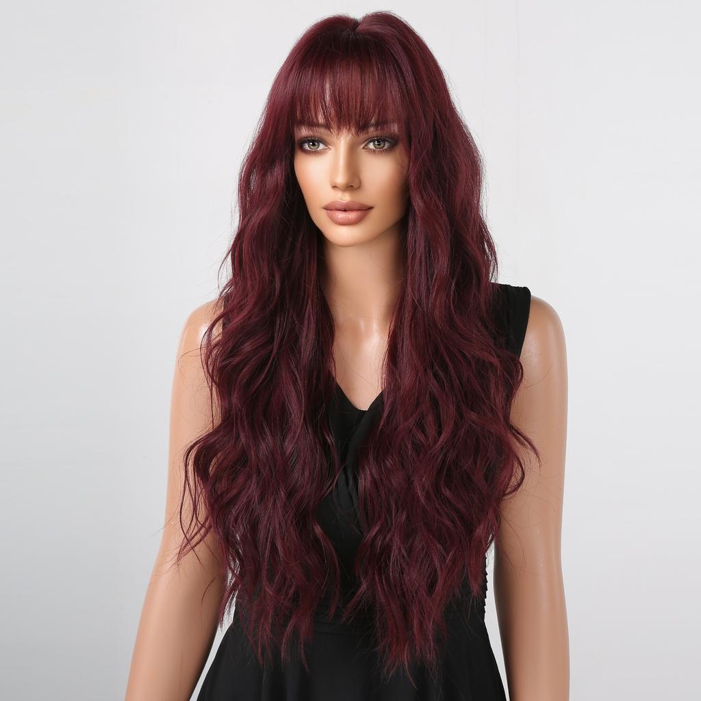 GEMMA Synthetic Dark Wine Red Long Wavy Hair Wig with Bangs Burgundy Cosplay Party Wigs for Women Natural Heat Resistant Fibre