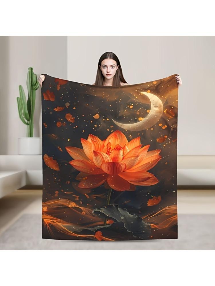 Reversible Orange forLotusFlower Print Flannel BlanketSoftWarm Shawl for BedroomDormCarOutdoorSofaTravelOfficeGiftAll-Season Use