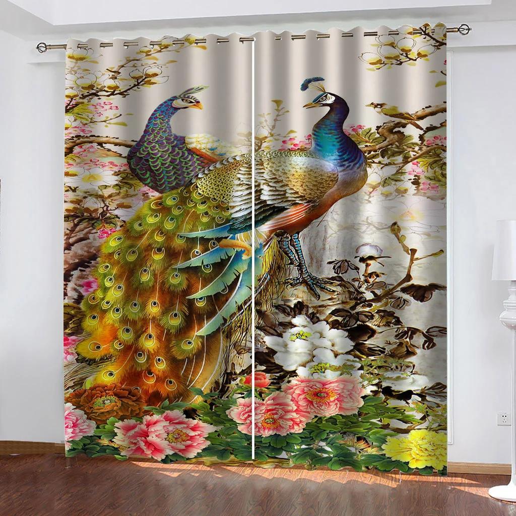 Green Peacock Feather Blackout Curtains Beautiful Watercolor Bird Flower Peony Pattern Livingroom Decor Shading Cloth Drape 2Pcs