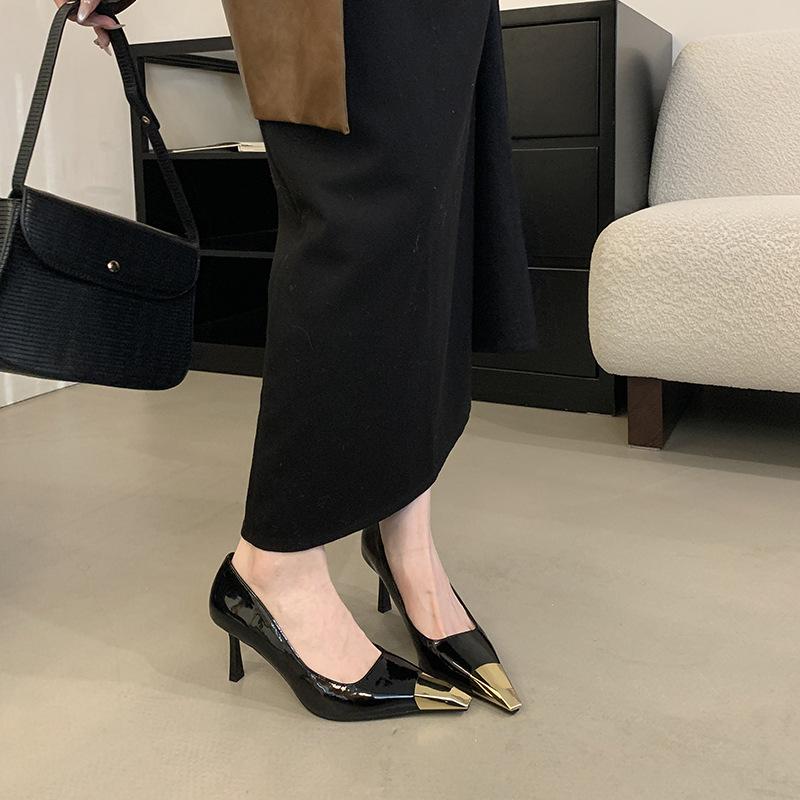 2025 New European and American Fashion Pointed High Heels Metal Toe Head 7 Cm Royal Sister Style Temperament Single Shoes
