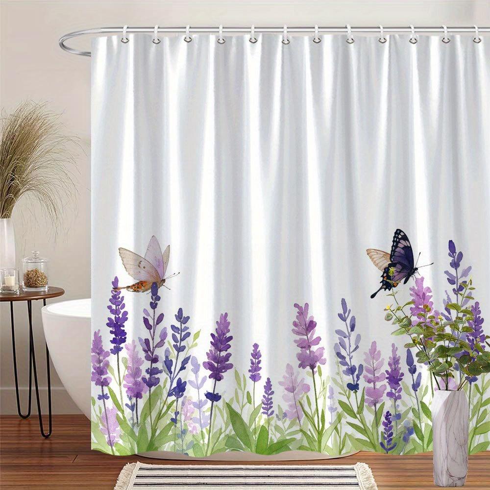 1 Watercolor Butterfly and Purple Flowers Shower Curtain - Tranquil Nature Scene with Hooks, Polyester Fabric, Machine Washable