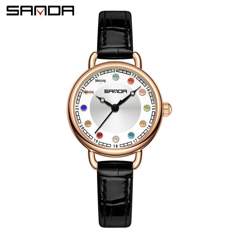 Women's Sanda Round Quartz Wristwatch - Elegant, Diamond-Accented, Light Luxury, Waterproof.