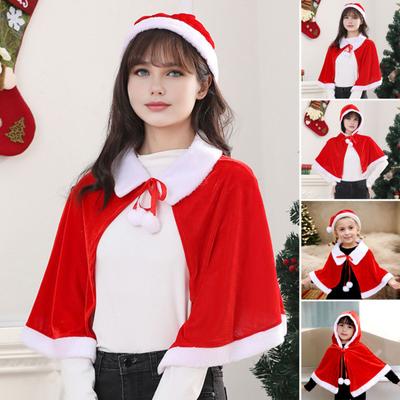 Christmas Cape Hat Set Festive Red White Xmas Outfit Soft Velvet Santa Costume Universal Size Makeup Clothing Props