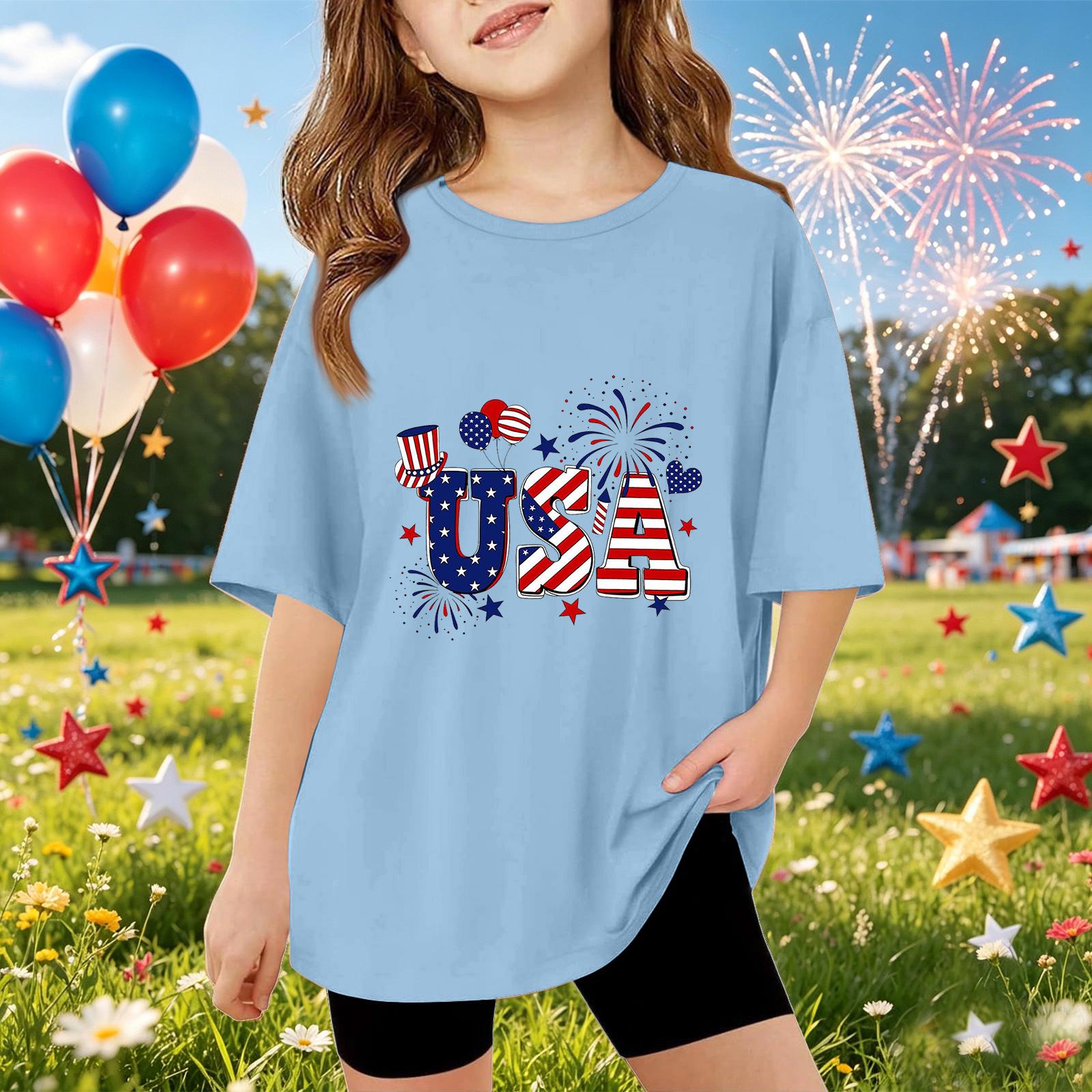 

Kids Short Sleeve T-Shirt USA Print Independence Day Graphic Tee Top Casual Fit Soft Fabric Comfortable Wear for Boys and Girls 150 синий