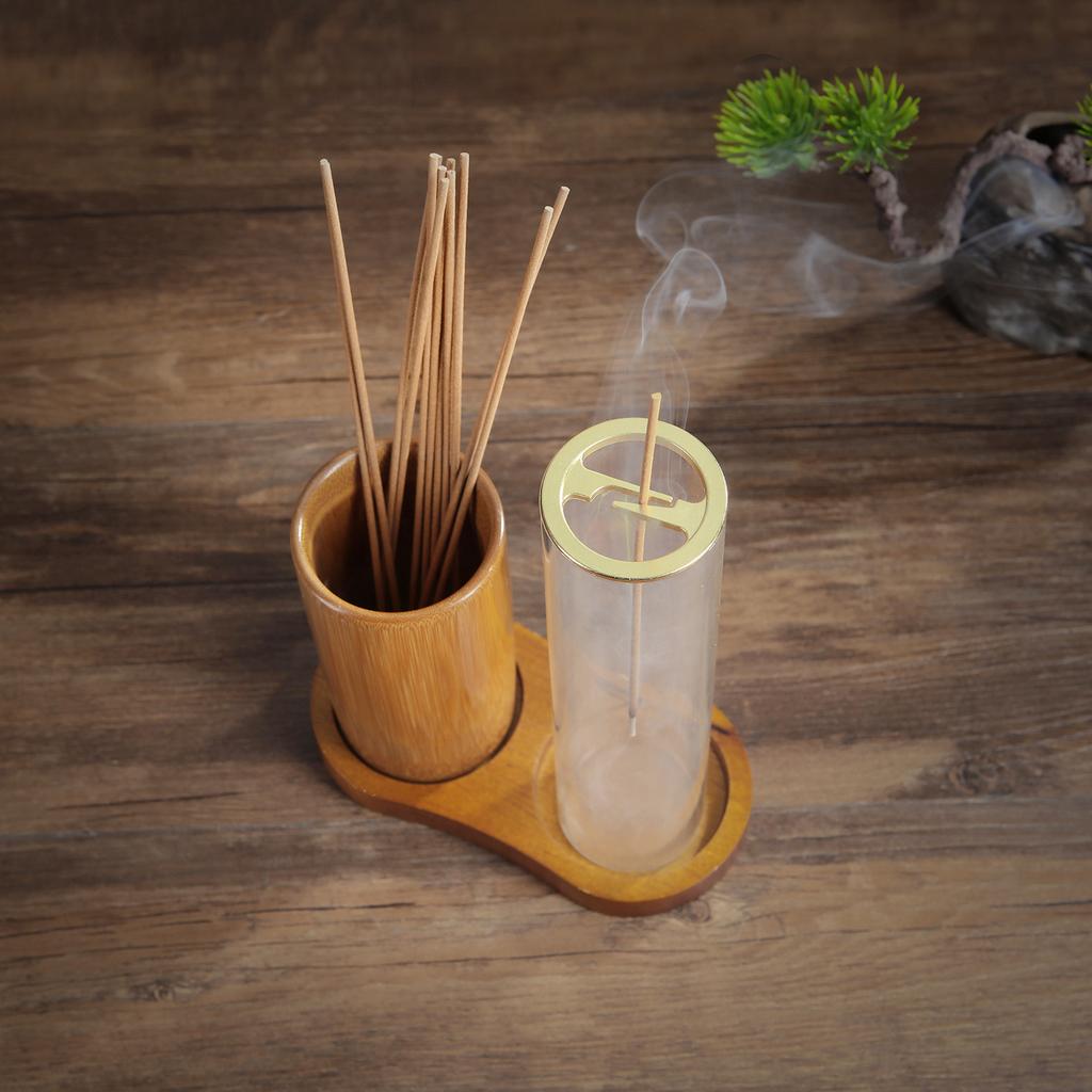2 In 1 Incense Holder for Sticks Anti-Ash Flying Incense Burne with Glass Ash Catcher and Bamboo Incense Sticks Organizer
