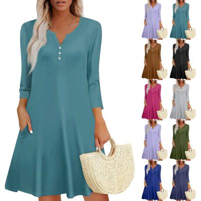 Vestido de Verano para Mujer Suelto Cuello en V Manga Tres Cuartos Vestido de Sol con Bolsillos