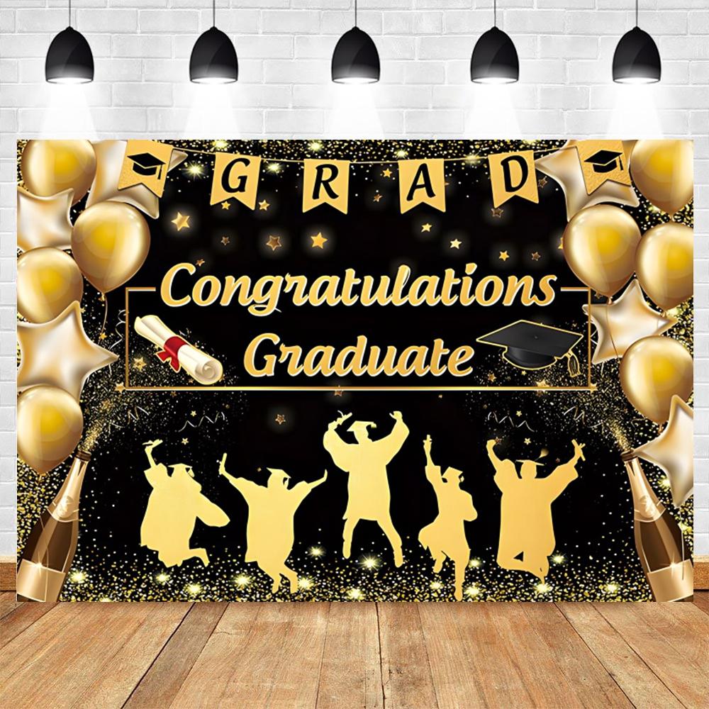 Golden Flash Black Balloon Banner Photography Background Cloth, Congratulations Graduation Ceremony Evening Photography Backdrop