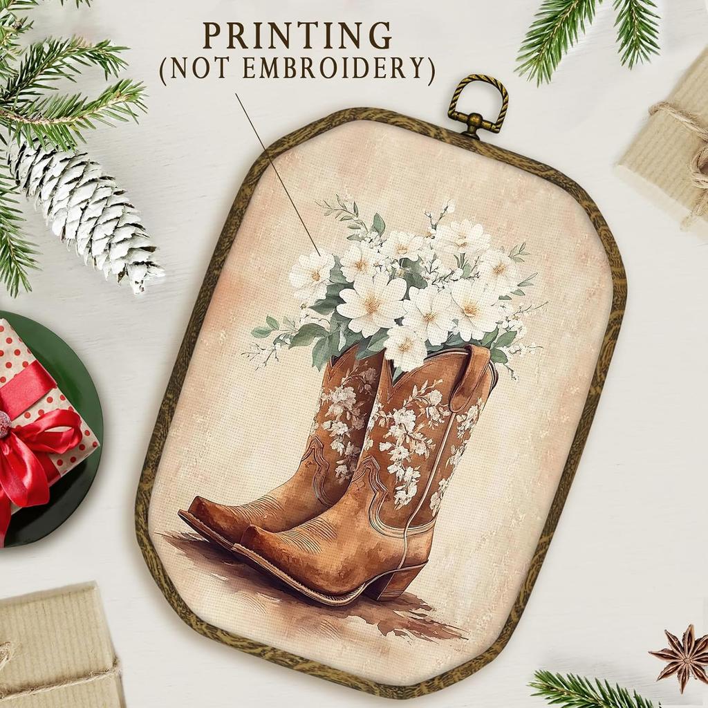 Nvucamd Vintage Western Cowgirl Wall Art Decor Framed, Preppy Western Octagon Canvas Prints Wall Art, Rustic Country Floral Cowgirl Boots Hanging
