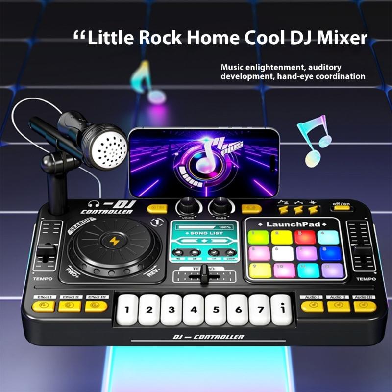 Kids Rechargeable DJ Mixer With Karaoke Microphones Multifunctional Music Creation Toy For Aspirings DJs