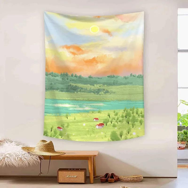 Hand-painted Oil Painting Cute Landscape Pattern Hanging Cloth Home Wall Decoration Tapestry Bedroom Living Room Tapestry
