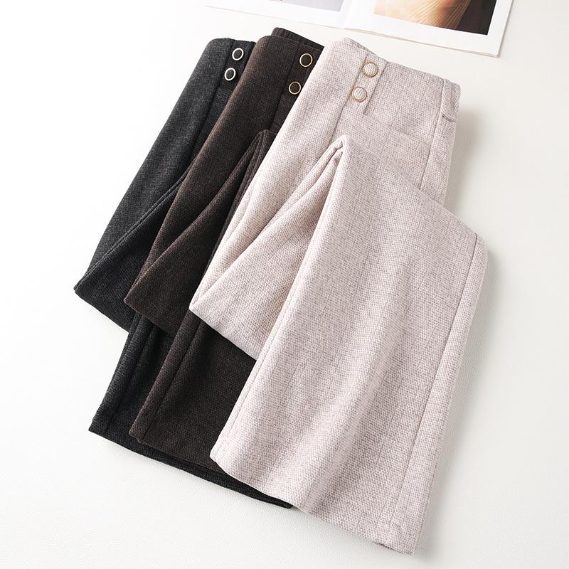 Women's High-Waist Khaki Wool Blend Flared Pants - 2024 Autumn/Winter Style