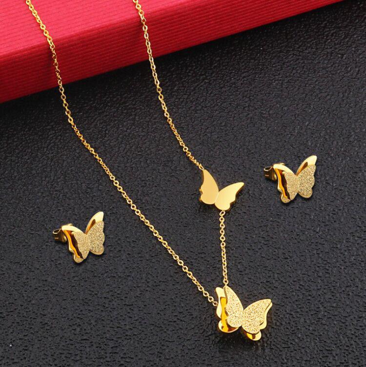 Elegant Stainless Steel Butterfly Pendant Necklace & Earring Set - Minimalist Clavicle Chain Jewelry