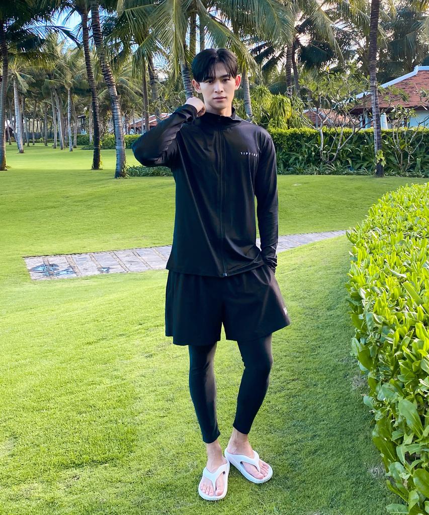 Helingbon [Set] Men'S Rash Guard Set Loose Fit Zip-Up Long Sleeve & Water Leggings Swim Pants Rc903 Ac501