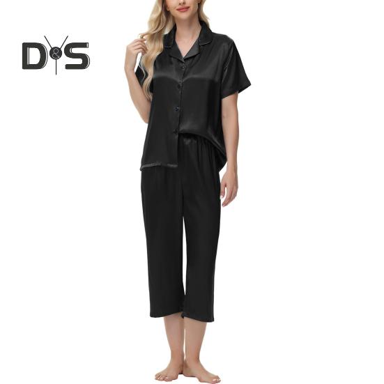 2-teiliges Set aus Seidenpyjama mit Revers und Button-Down-Langarmhemd, elastischer Bund, weites Bein, verkürzte Hose, Homewear, lässiges Outfit, Frühlingsnachtwäsche
