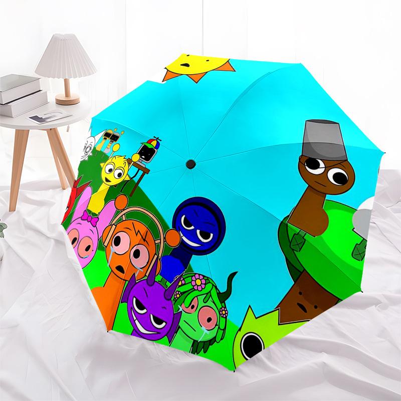 Sprunki-Themen-Regenschirm mit automatischer Öffnung und Schließung, Kompakter Reise-Regenschirm, Leicht und Tragbar, Geeignet für Strand, Pendeln, Busin