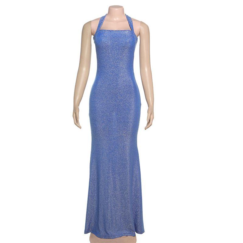 

INS Fancy Elegant Blue Dress Halterneck Lace-up Backless Slim Fit Fishtail Dress Shiny Floor-Length Dress Women Blue L