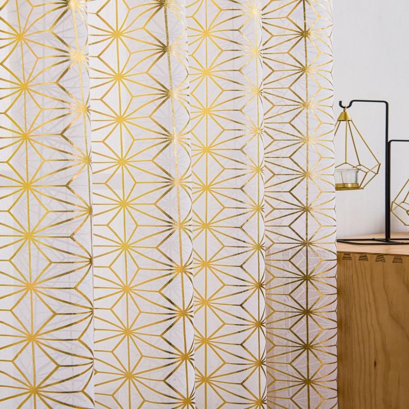 Geometric Gold Foil Sheer Curtains – Set of 2 Panels, Semi-Blackout, Light Filtering Window Curtains